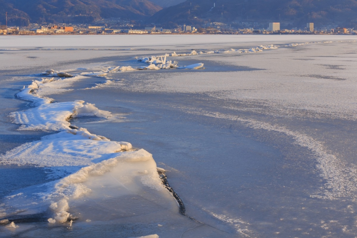 Ice are. Lake Suwa in Nagano. Ice Ridge.