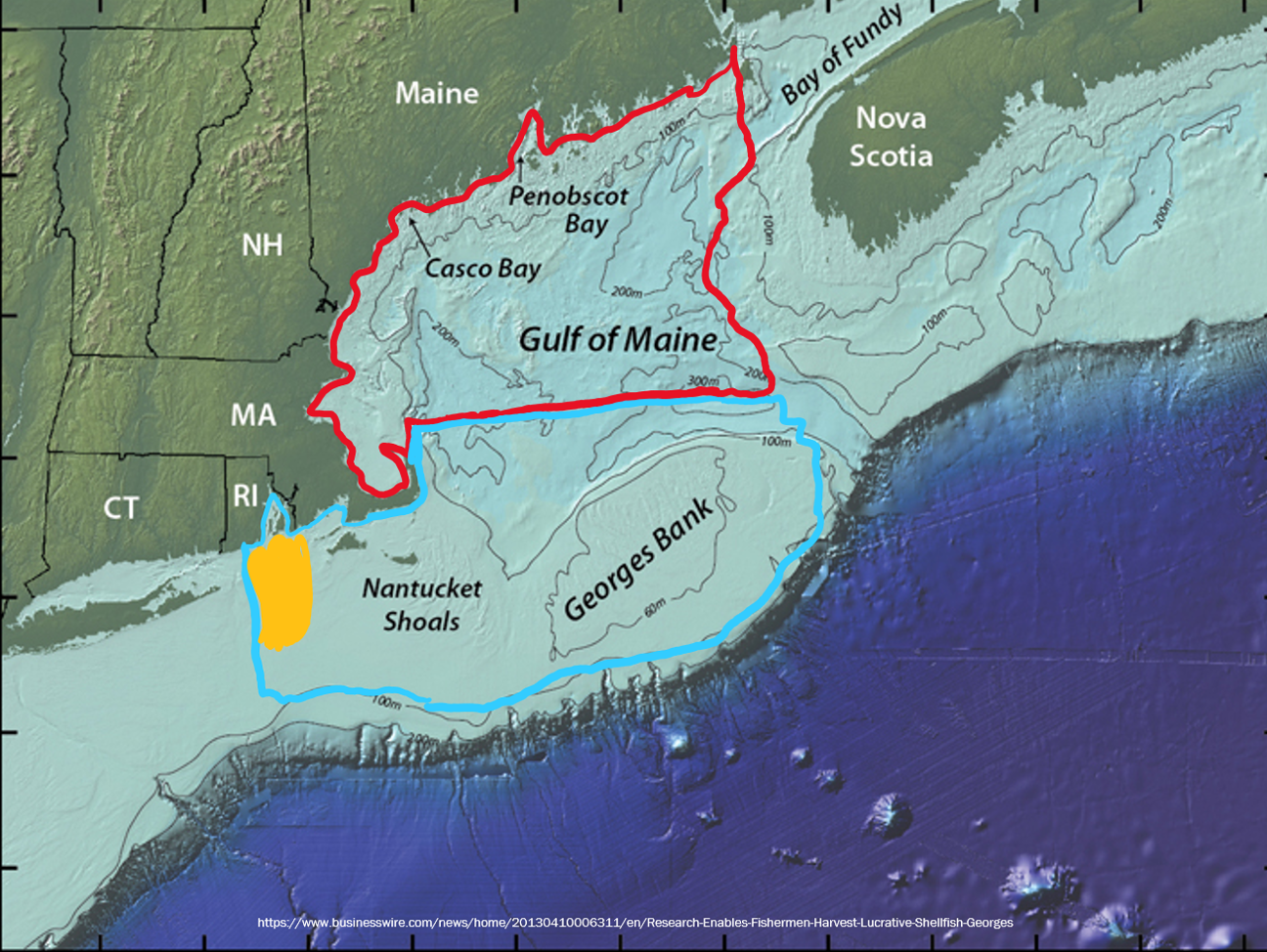 <b>Gulf</b> of Maine is outlined in red, Georges Bank is outlined in blue. 