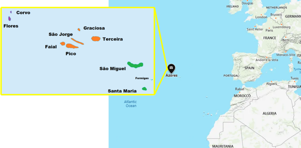 A map showing how the Azores are located off the the coast of Africa, but with a focus on the Azores Archipelago itself.