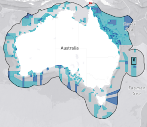 Map depicting Australian waters with some areas partially and fully protected