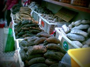Sea cucumbers in a fish market