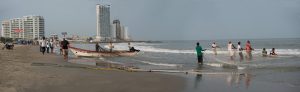 People pull nets from shore on beach