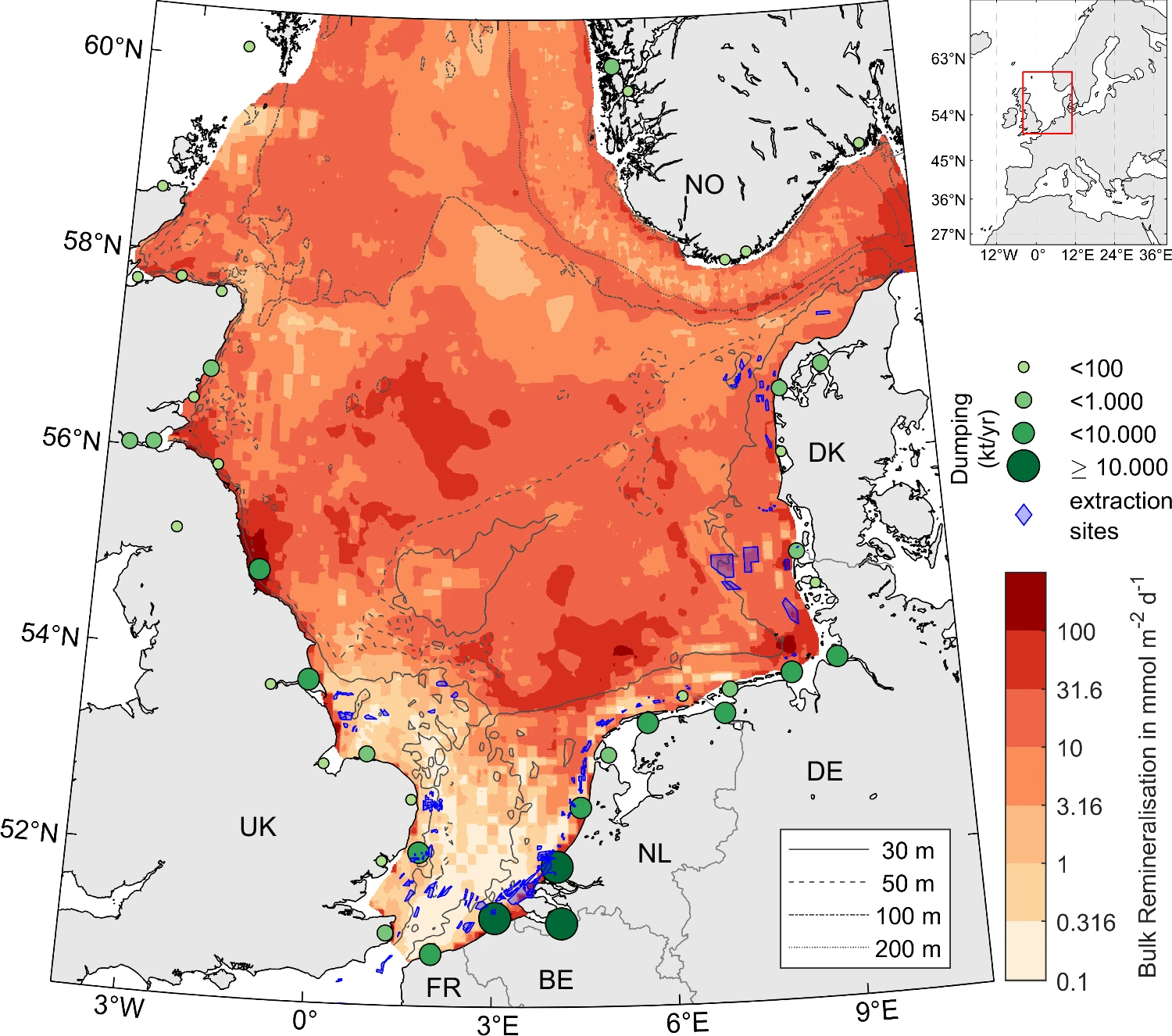Map of North Sea with marked rates dumping and dredging sites.