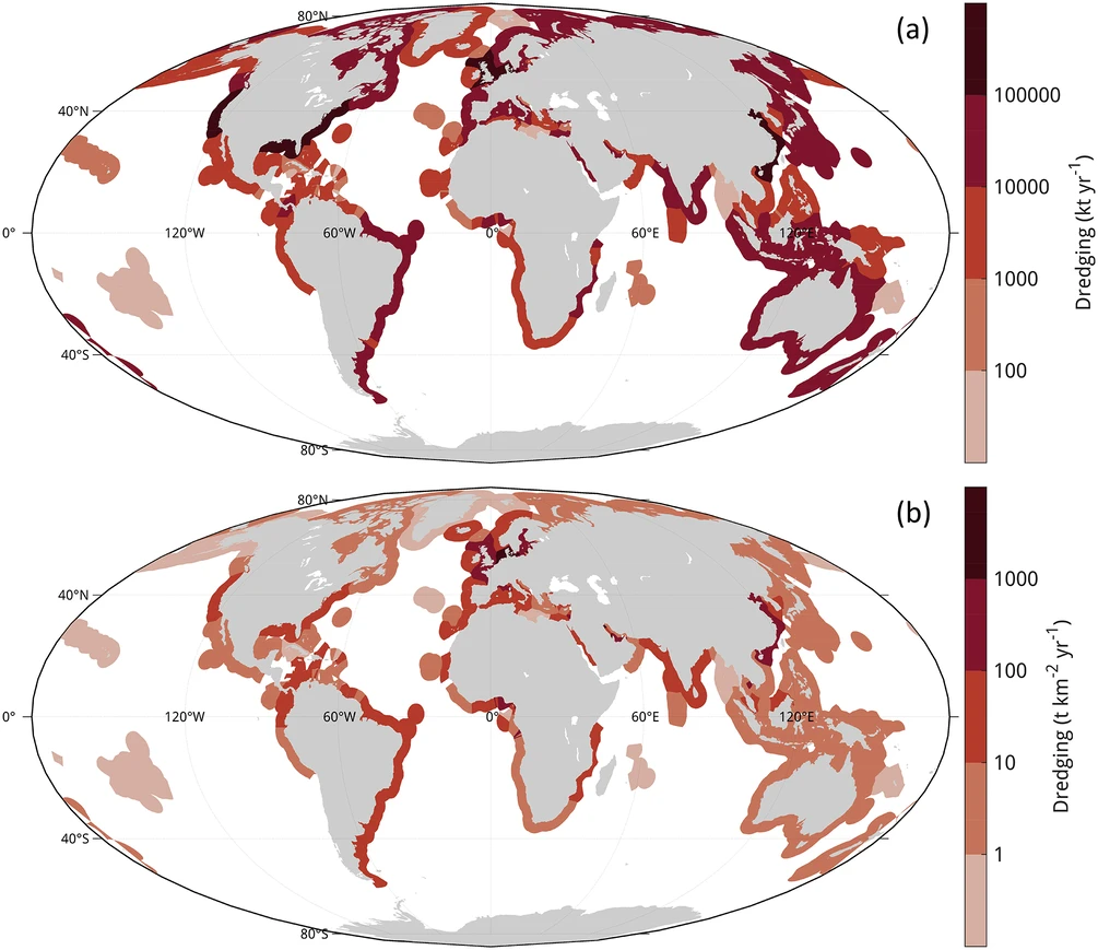 Global map of dredging amounts along coastlines.